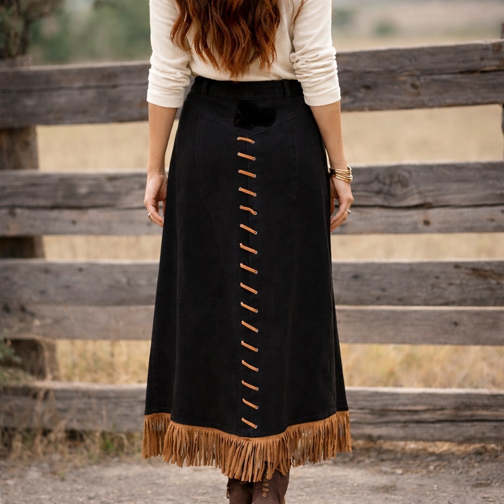 Roughrider Vintage Western Fringe Maxi Skirt Denim Lace-Up Back Sz 12